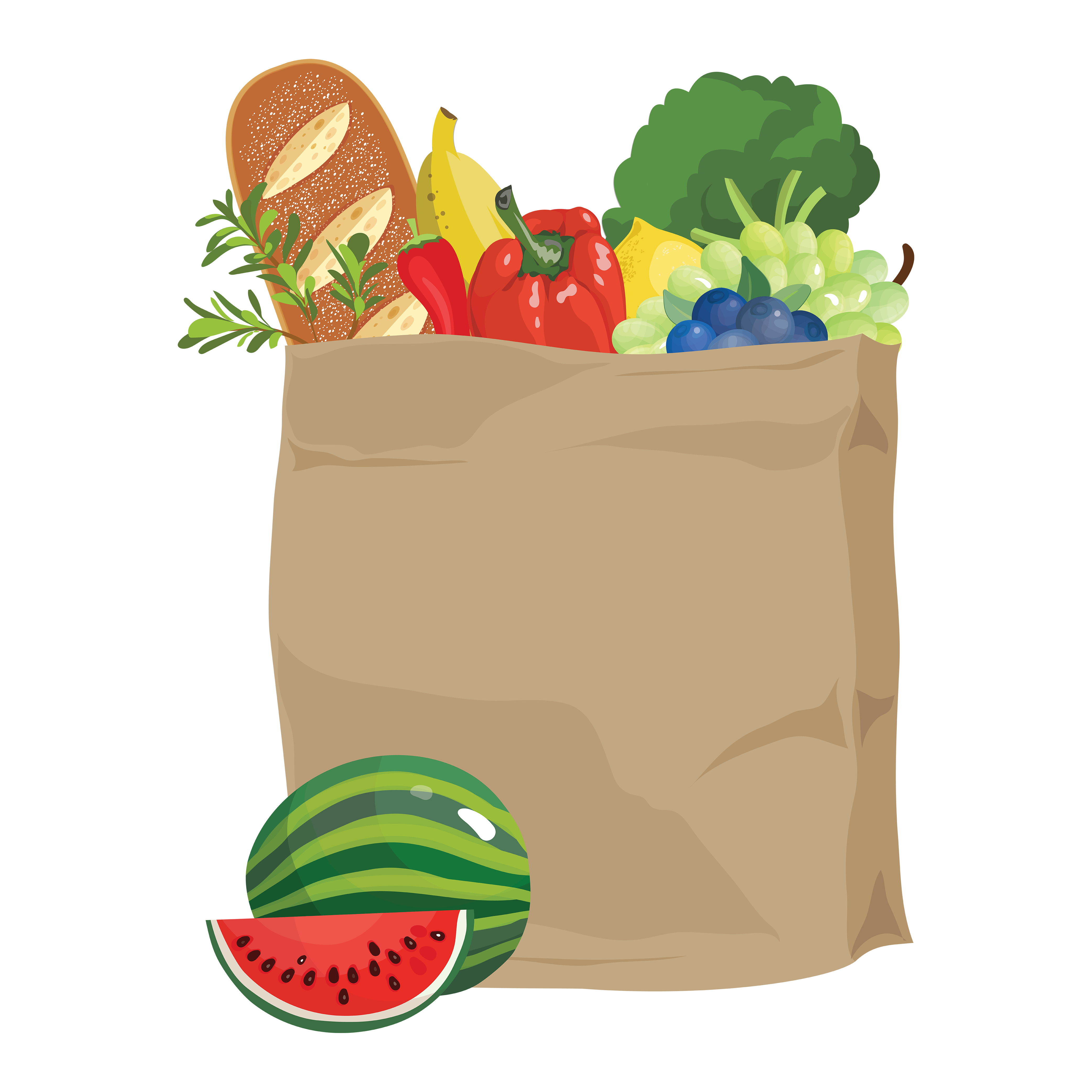 Grocery bag filled with fruits, veggies, and whole grains.